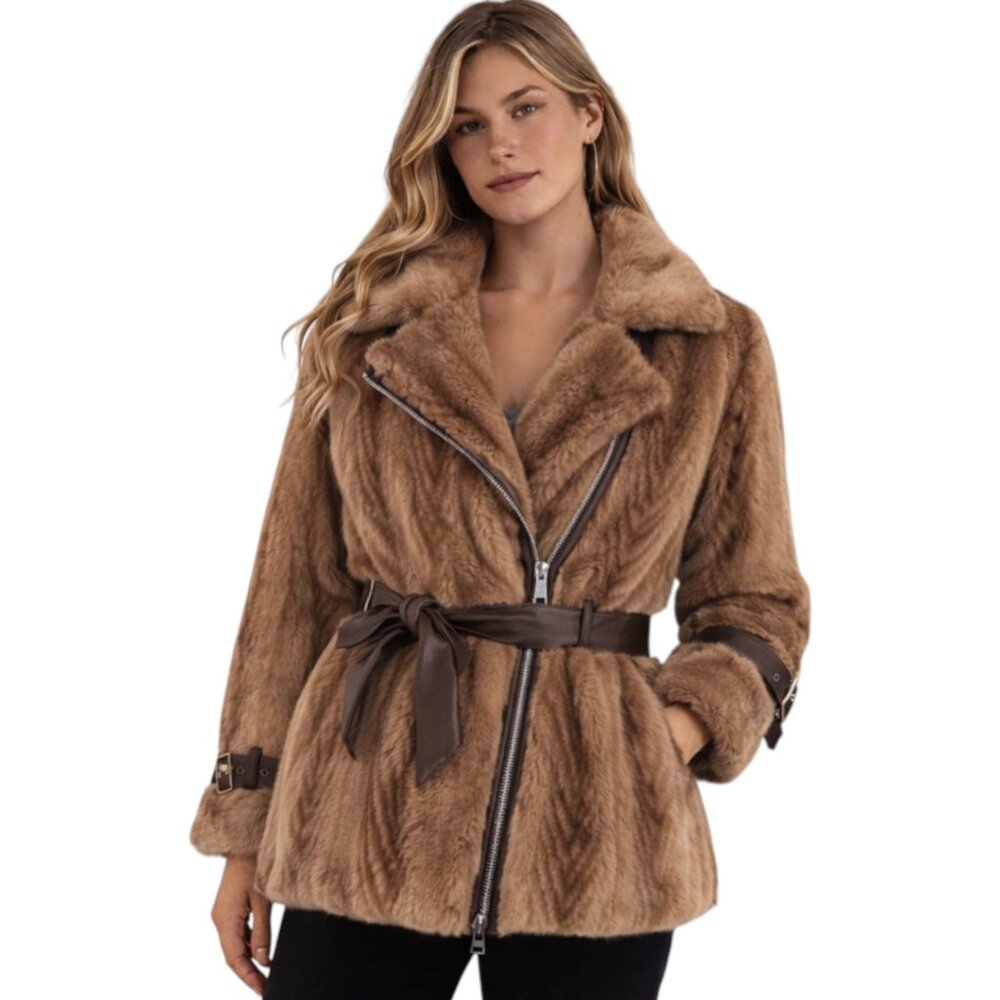 Camel Faux Fur Belted Coat with Asymmetrical Zip and Dark Brown Leather Trim